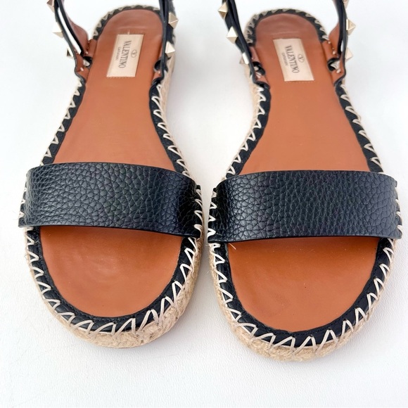 VALENTINO GARAVANI | Black Leather Rockstud Ankle Wrap Flat Espadrille Sandals 8 - Picture 3 of 13
